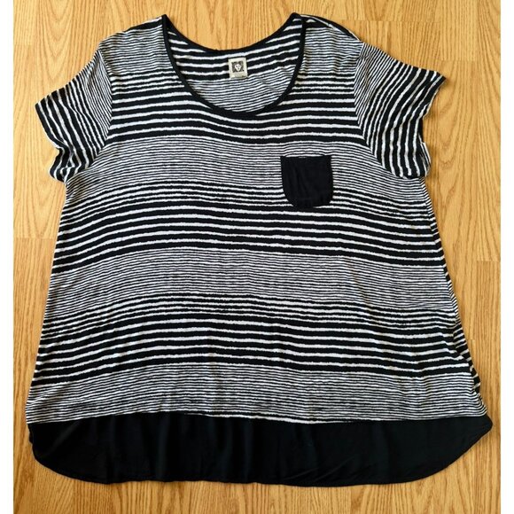 Anne Klein Striped Top Womens 2X Black White Short Sleeve Scoop Neck Blouse - Picture 3 of 8